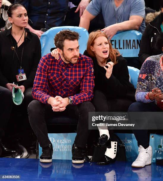 Gian Luca Passi de Preposulo and Jessica Chastain attend Los Angeles Lakers Vs. New York Knicks game at Madison Square Garden on February 6, 2017 in...