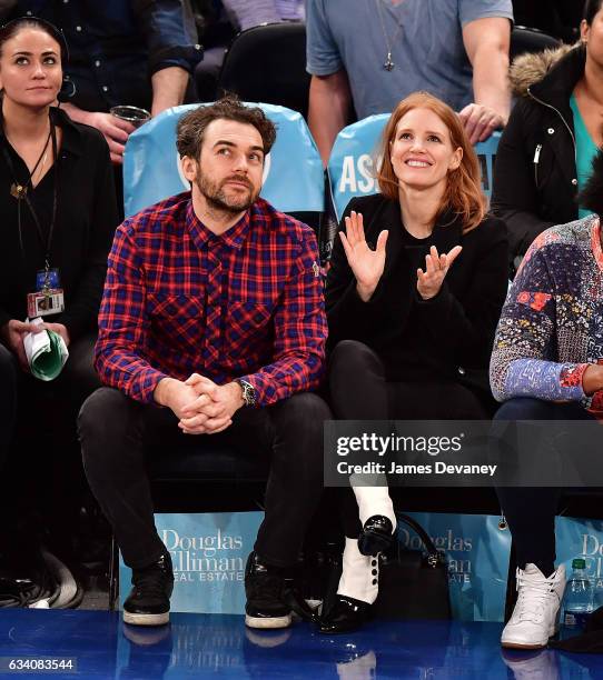 Gian Luca Passi de Preposulo and Jessica Chastain attend Los Angeles Lakers Vs. New York Knicks game at Madison Square Garden on February 6, 2017 in...