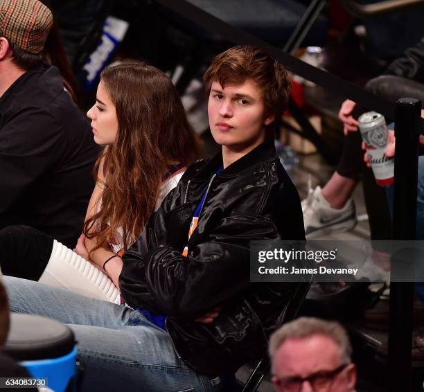 Violetta Komyshan and Ansel Elgort attend Los Angeles Lakers Vs. New York Knicks game at Madison Square Garden on February 6, 2017 in New York City.