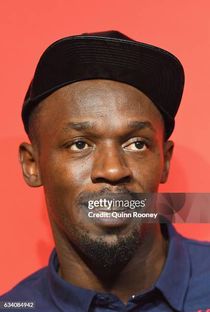 Usain Bolt of Jamaica speaks to the media during a Richmond Tigers AFL media opportunity at Melbourne Central Shopping Centre on February 7, 2017 in...