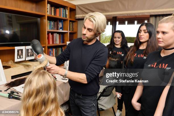 Joey Maalouf and model backstage during Rachel Zoe's Los Angeles Presentation at Sunset Tower Hotel on February 6, 2017 in West Hollywood, California.