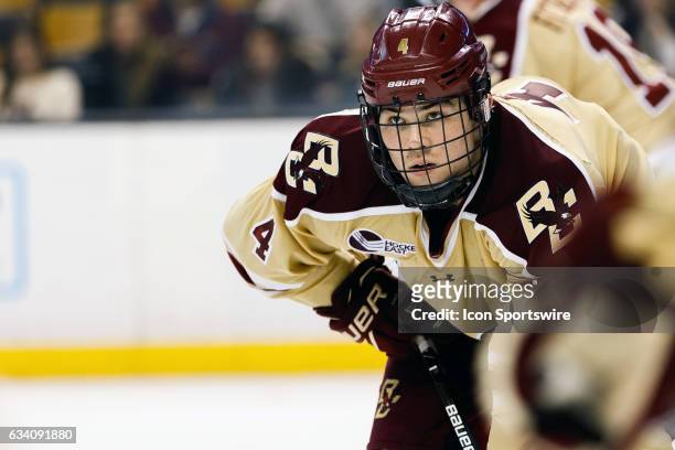 Boston College Eagles defenseman Michael Kim waits for the face-off during the third period of the Beanpot Tournament semifinals game between the...