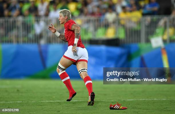 Jennifer Kish of Canada loses her boot during the Women's Rugby Sevens Quarter Final match between Canada and France on Day 2 of the 2016 Rio Olympic...