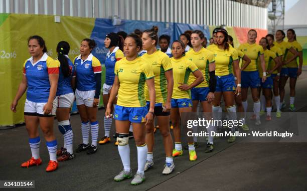 The two teams prepare to enter the pitch during the Women's Rugby Sevens placing match between Brazil and Colombia on Day 2 of the 2016 Rio Olympic...