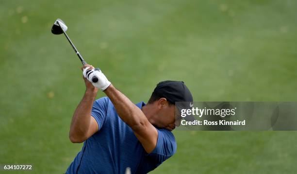 Tiger Woods o f the USA on the 1st tee during the first round of the Omega Dubai Desert Classic at Emirates Golf Club on February 2, 2017 in Dubai,...