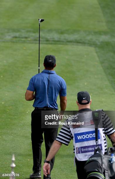 Tiger Woods o f the USA on the 1st tee during the first round of the Omega Dubai Desert Classic at Emirates Golf Club on February 2, 2017 in Dubai,...