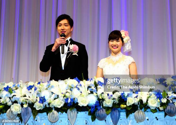 Table Tennis Players Chiang Hung-Chieh And Ai Fukuhara are seeb during their wedding party at Disney Ambassador Hotel on February 5, 2017 in Urayasu,...