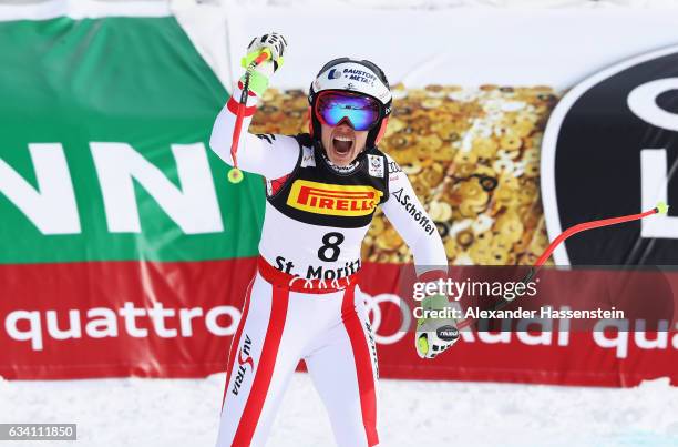 Nicole Schmidhofer of Austria celebrates during the Women's Super G during the FIS Alpine World Ski Championships on February 7, 2017 in St Moritz,...