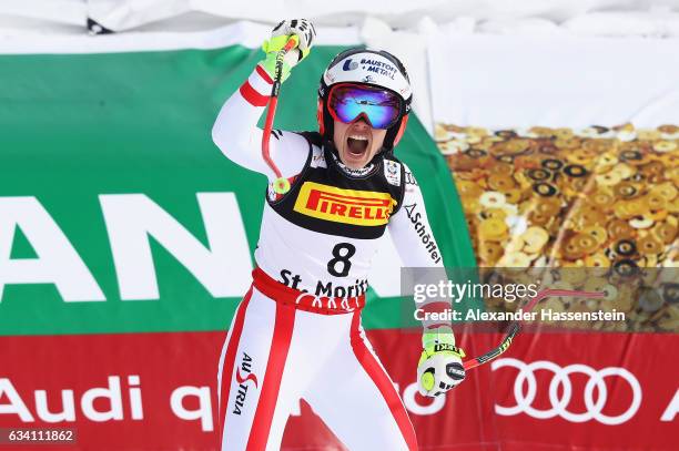 Nicole Schmidhofer of Austria celebrates during the Women's Super G during the FIS Alpine World Ski Championships on February 7, 2017 in St Moritz,...