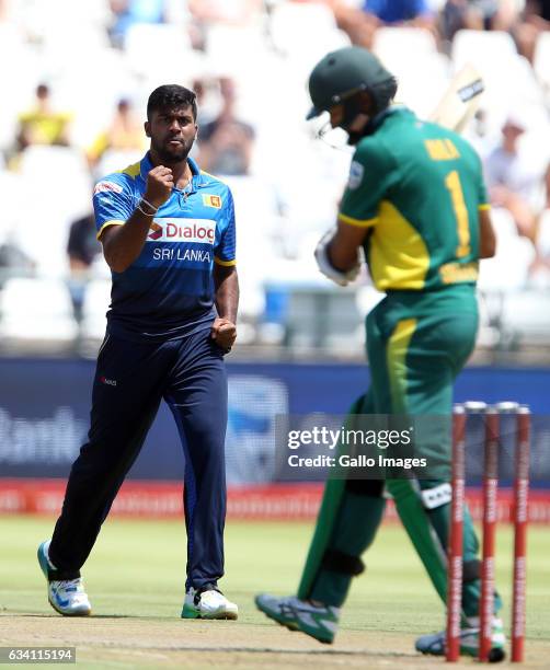 Lahiru Kumara of Sri Lanka celebrates a wicket during the 4th ODI between South Africa and Sri Lanka at PPC Newlands on February 07, 2017 in Cape...