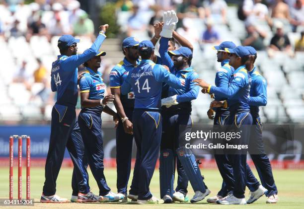 Sri Lanka celebrates a wicket during the 4th ODI between South Africa and Sri Lanka at PPC Newlands on February 07, 2017 in Cape Town, South Africa.