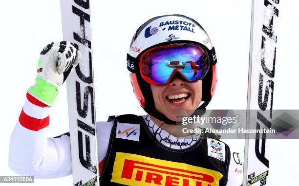 Nicole Schmidhofer of Austria celebrates during the Women's Super G during the FIS Alpine World Ski Championships on February 7, 2017 in St Moritz,...