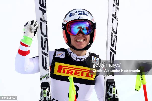 Nicole Schmidhofer of Austria celebrates during the Women's Super G during the FIS Alpine World Ski Championships on February 7, 2017 in St Moritz,...