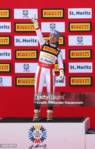 Nicole Schmidhofer of Austria celebrates winning the gold medal during the flower ceremony for the Women's Super G during the FIS Alpine World Ski...