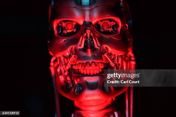 The original T-800 Endoskeleton robot used in filming Terminator Salvation is displayed during the press preview for the 'Robots' exhibition at the...