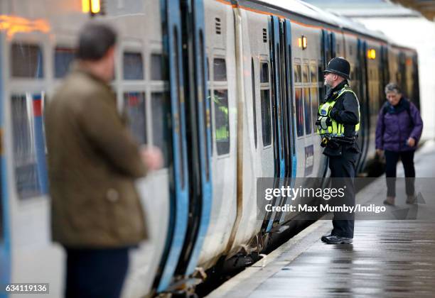 British Transport Police Officer patrols the platform at King's Lynn Railway Station ahead of Queen Elizabeth II's departure to London after her...