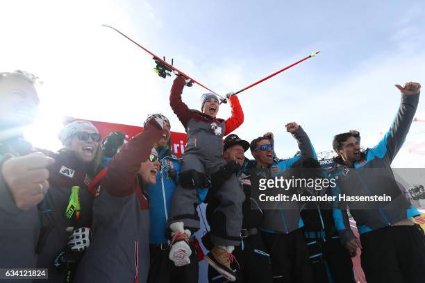 Nicole Schmidhofer of Austria celebrates winning the gold medal after the flower ceremony for the Women's Super G during the FIS Alpine World Ski...
