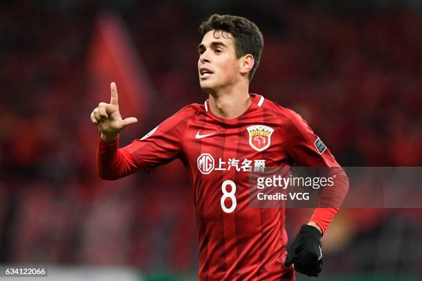 Oscar of Shanghai SIPG celebrates after scoring his team's first goal during the AFC Champions League 2017 play-off match between Shanghai SIPG and...