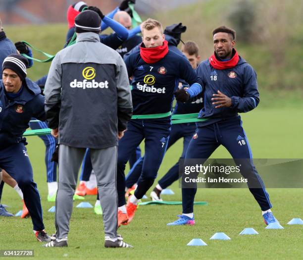 Jermain Defoe trains using a bungee cord during a training session at The Academy of Light on February 7, 2017 in Sunderland, England.