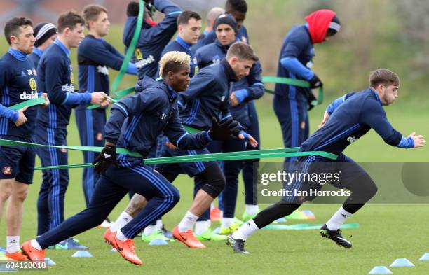 Lynden Gooch trains using a bungee cord during a training session at The Academy of Light on February 7, 2017 in Sunderland, England.