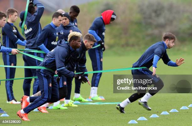 Lynden Gooch trains using a bungee cord during a training session at The Academy of Light on February 7, 2017 in Sunderland, England.