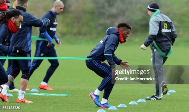 Jermain Defoe trains using a bungee cord during a training session at The Academy of Light on February 7, 2017 in Sunderland, England.