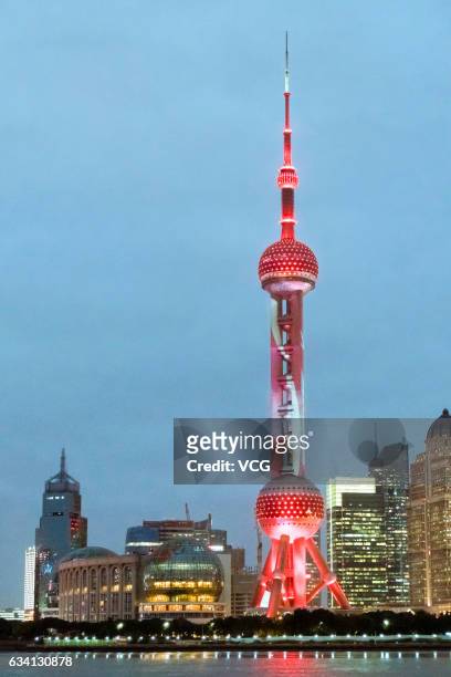 The Oriental Pearl Tower lights up in red to brace for the upcoming Valentine's Day on February 7, 2017 in Shanghai, China. The Oriental Pearl Tower...