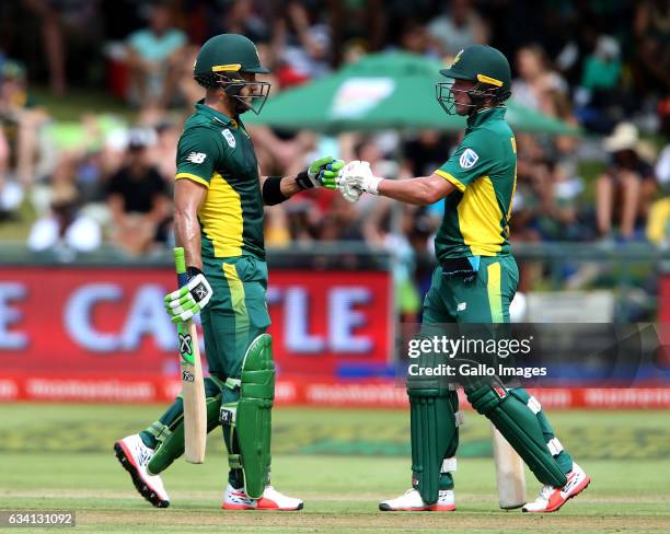Faf du Plessis and AB de Villiers of the Proteas during the 4th ODI between South Africa and Sri Lanka at PPC Newlands on February 07, 2017 in Cape...