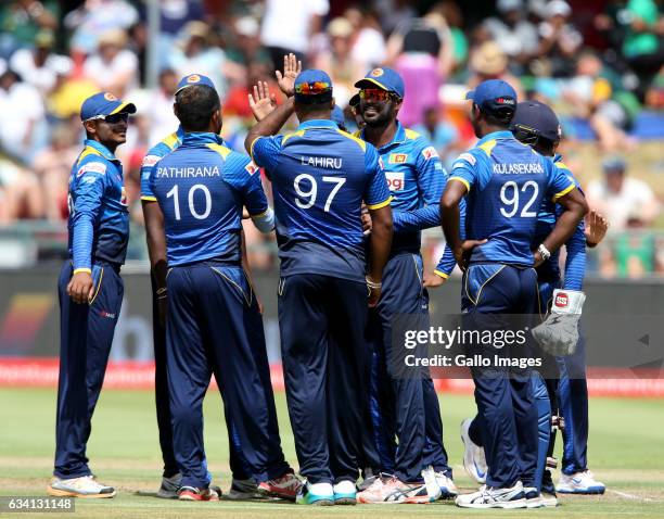 Sri Lanka celebrates during the 4th ODI between South Africa and Sri Lanka at PPC Newlands on February 07, 2017 in Cape Town, South Africa.
