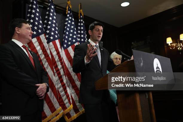 Speaker of the House Paul Ryan answers questions at the U.S. Capitol February 7, 2017 in Washington, DC. Ryan and members of the House Republican...