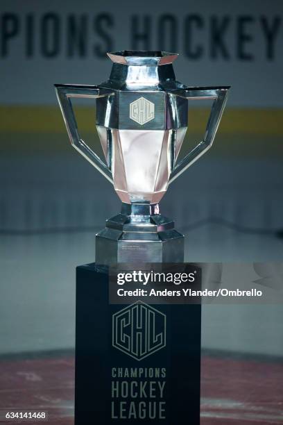 The trophy is pictured before the Champions Hockey League Final between Frolunda Gothenburg and Sparta Prague at Frolundaborgs Isstadion on February...