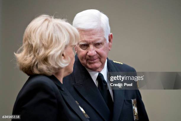 Harold Eavenson, sheriff from Rockwall County, Texas, right, talks to Carolyn Welsh, sheriff from Chester County, Pennsylvania, before the start of a...