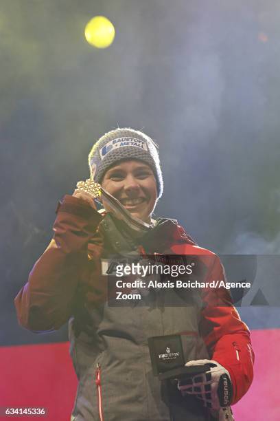 Nicole Schmidhofer of Austria wins the gold medal during the FIS Alpine Ski World Championships Women's Super-G on February 07, 2017 in St. Moritz,...