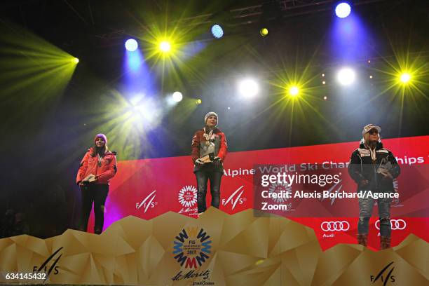 Nicole Schmidhofer of Austria wins the gold medal, Tina Weirather of Liechtenstein wins the silver medal, Lara Gut of Switzerland wins the bronze...