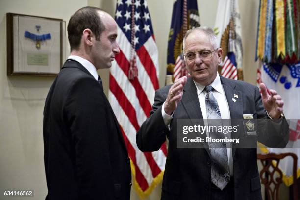 John Aubrey, sheriff from Jefferson County, Kentucky, right, speaks with Stephen Miller, White House senior advisor for policy, before the start of a...