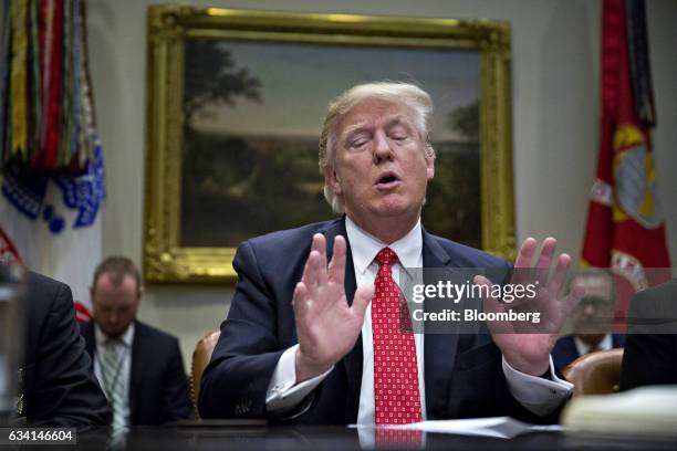 President Donald Trump speaks as he meets with county sheriffs during a listening session in the Roosevelt Room of the White House in Washington,...