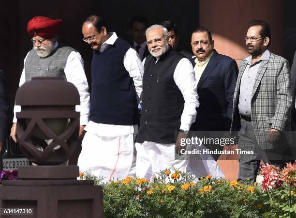 Prime Minister of India Narendra Modi leaves with Minister of Urban Development of India Venkaiah Naidu, Minister of State for Parliamentary Affairs...