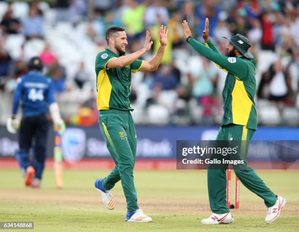 Wayne Parnell of the Proteas celebrates during the 4th ODI between South Africa and Sri Lanka at PPC Newlands on February 07, 2017 in Cape Town,...