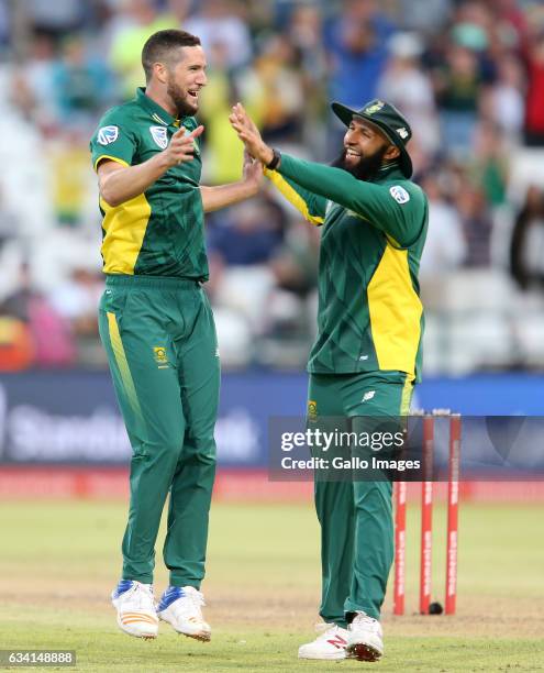 Wayne Parnell of the Proteas celebrates during the 4th ODI between South Africa and Sri Lanka at PPC Newlands on February 07, 2017 in Cape Town,...