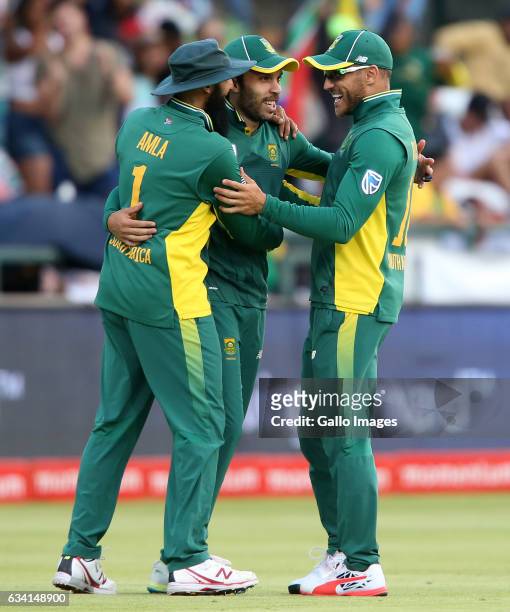 Farhaan Behardien of the Proteas celebrates during the 4th ODI between South Africa and Sri Lanka at PPC Newlands on February 07, 2017 in Cape Town,...