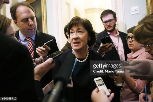 Senator Susan Collins , C, who defected and voted against the GOP majority, speaks to the media after the Senate voted to confirm Betsy DeVos as...