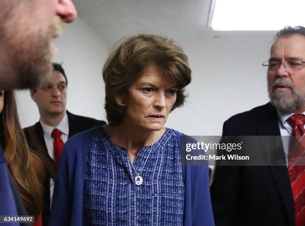 Sen. Lisa Murkowski is followed by reporters while going to a vote in the Senate Chamber February 7, 2017 in Washington, DC. Murkowski voted against...