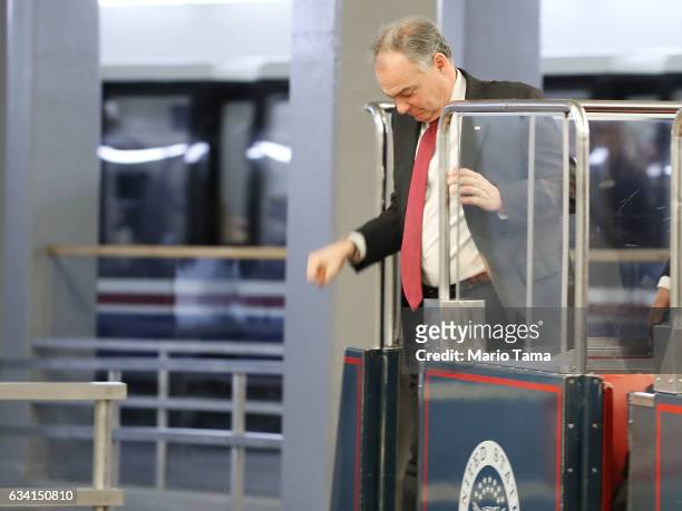 Sen. Tim Kaine steps off a subway car to attend a vote in the Senate Chamber, on February 7, 2017 in Washington, DC. The Senate voted to confirm...