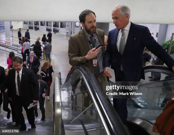 Sen. Bob Corker walks to the Senate Chamber for a vote February 7, 2017 in Washington, DC. The Senate voted to confirm Education Secretary nominee...