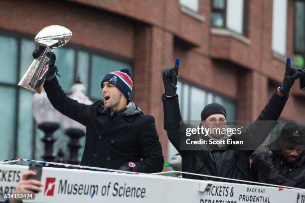 New England Patriots quarterbacks Jimmy Garoppolo and Tom Brady celebrate during the New England Patriots victory parade on February 7, 2017 in...