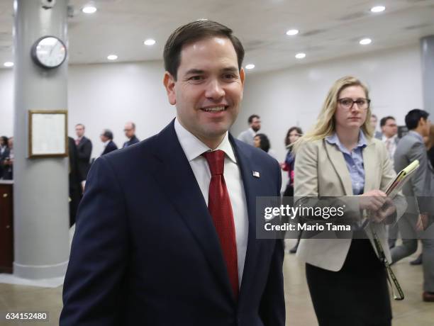 Sen. Marco Rubio walks to the Senate Chamber for a vote February 7, 2017 in Washington, DC. The Senate voted to confirm Education Secretary nominee...