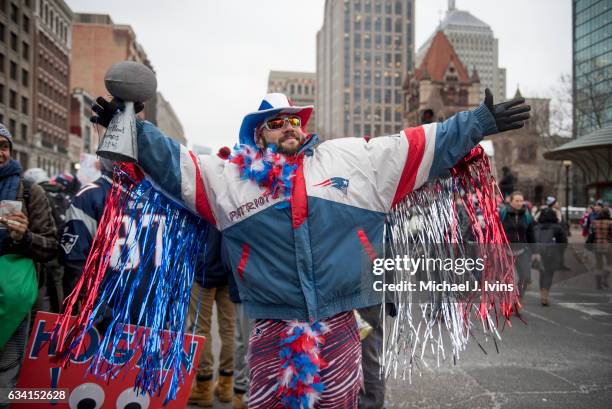 Fans gather in Copley Square before the start of a New England Patriots victory parade on February 7, 2017 in Boston, Massachusetts. The Patriots...