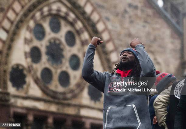 New England Patriots running back LeGarrette Blount celebrates during the Patriots victory parade on February 7, 2017 in Boston, Massachusetts. The...