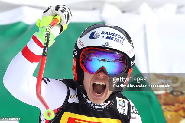 Nicole Schmidhofer of Austria celebrates during the Women's Super G during the FIS Alpine World Ski Championships on February 7, 2017 in St Moritz,...