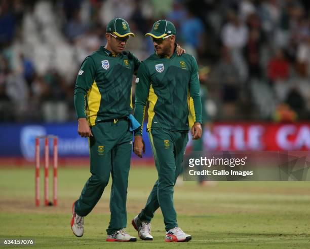 De Villiers and Faf du Plessis of the Proteas during the 4th ODI between South Africa and Sri Lanka at PPC Newlands on February 07, 2017 in Cape...